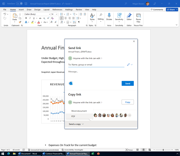 The File > Send a Copy > PDF path to creating a PDF in Word.