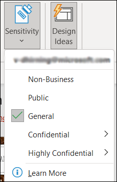 The Sensitivity label button and options in Word.