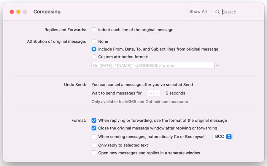 The Composing dialog box, including the Undo Send feature, in Outlook for Mac.