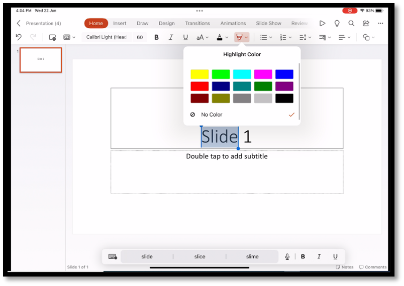 Highlight text feature in PowerPoint for the iPad.