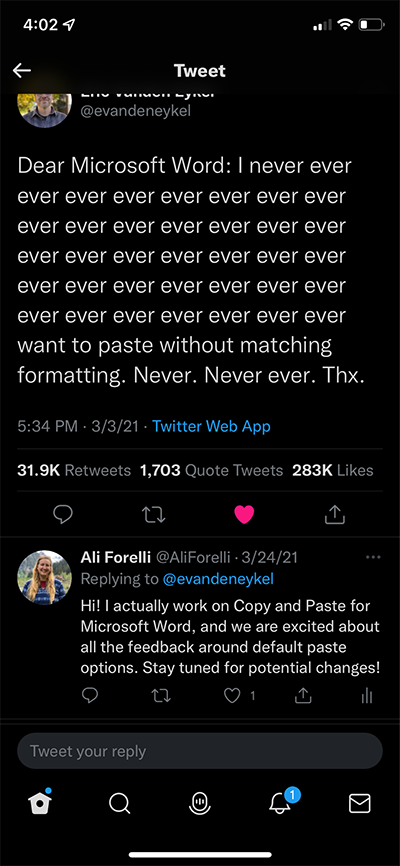 Twitter screenshot showing Ali's reply to a user issue with copy/paste formatting in Word.