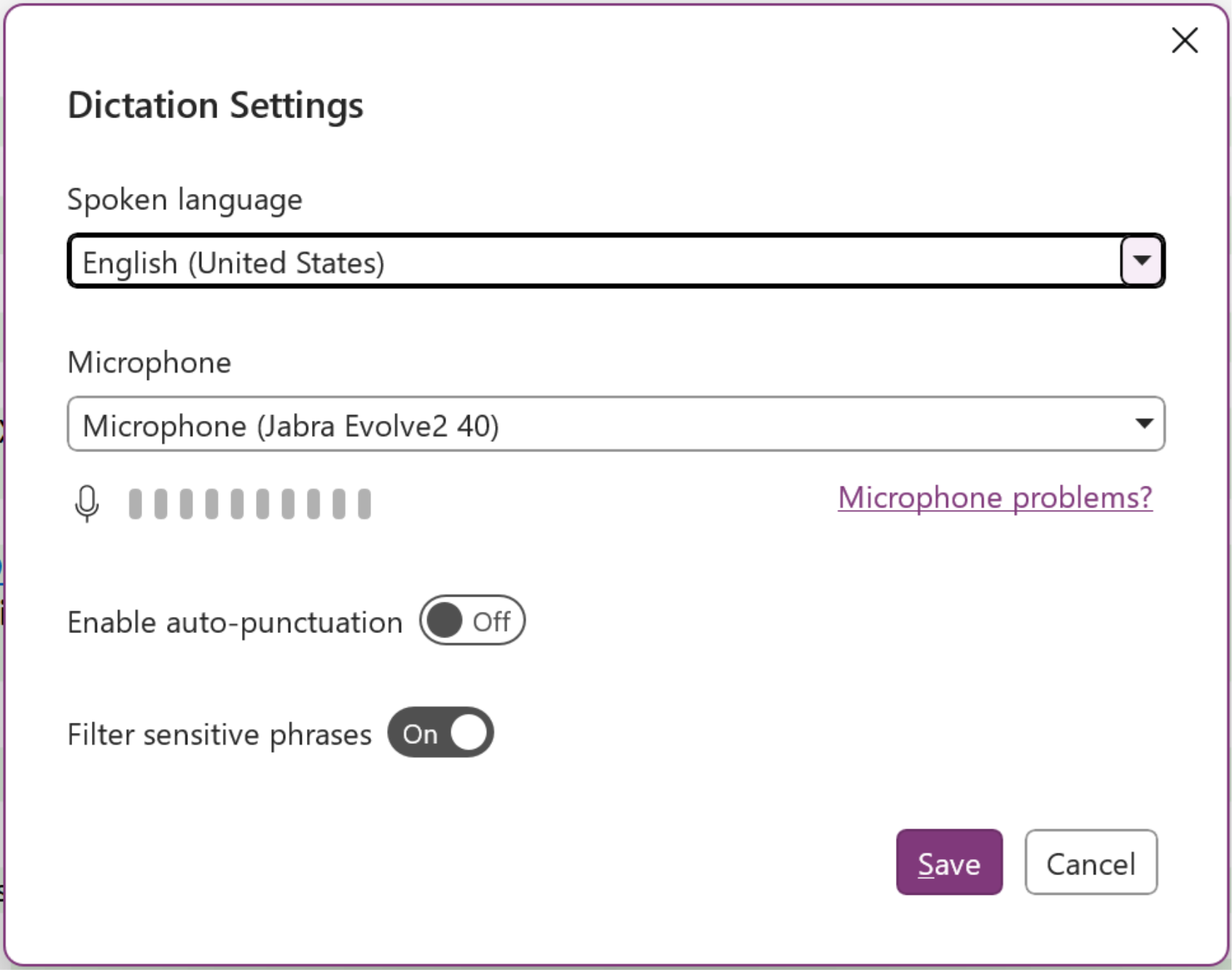 Kotak Dialog Pengaturan Dikte di OneNote untuk Windows