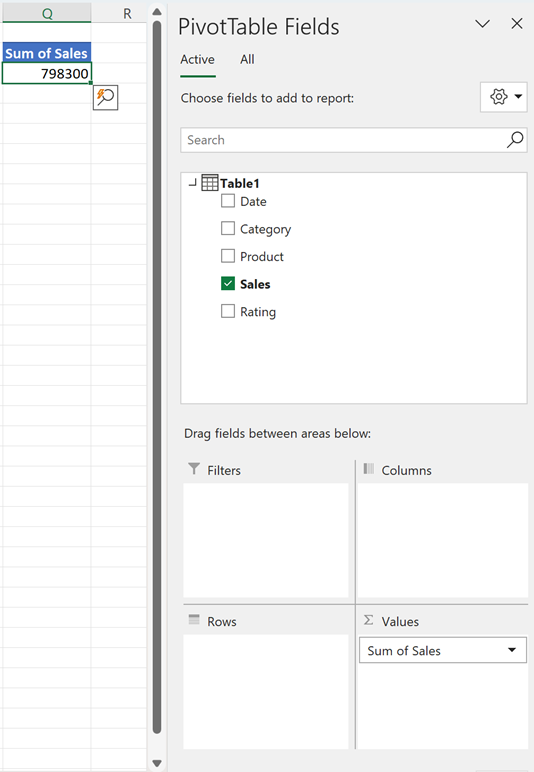 Worksheet with fields selected and PivotTable Fields pane open