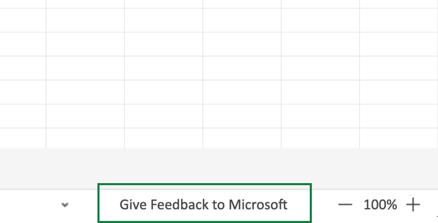 Give Feedback to Microsoft link at the bottom of a workbook