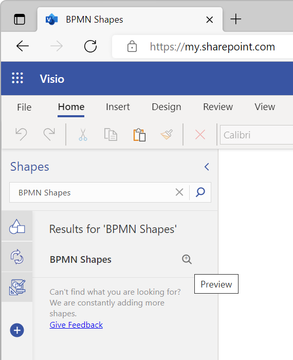 Shapes pane with Preview button