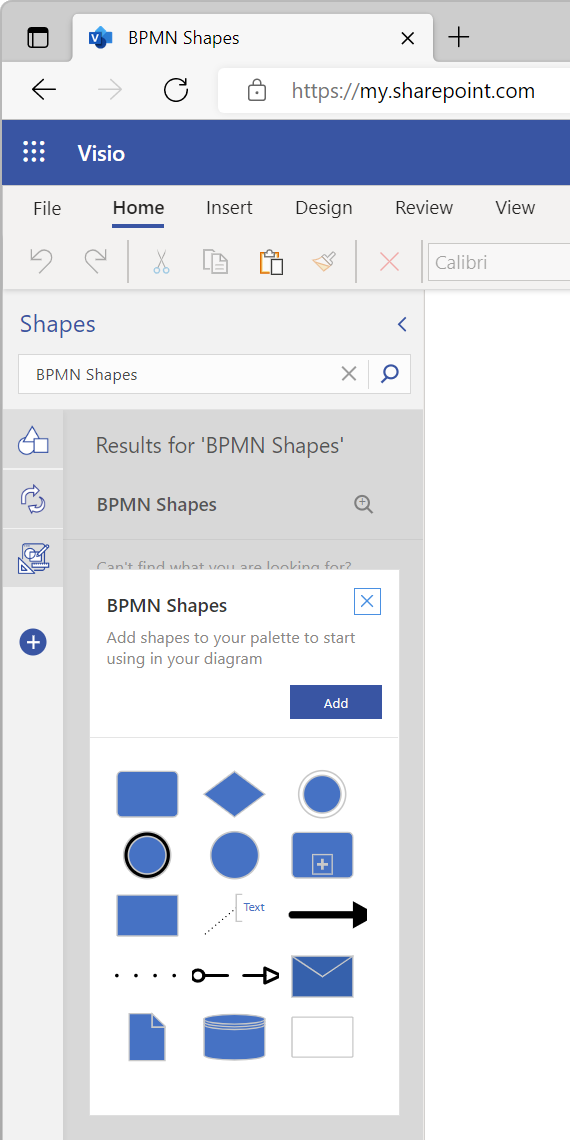 Shapes pane with BPMN shapes and Add button showing