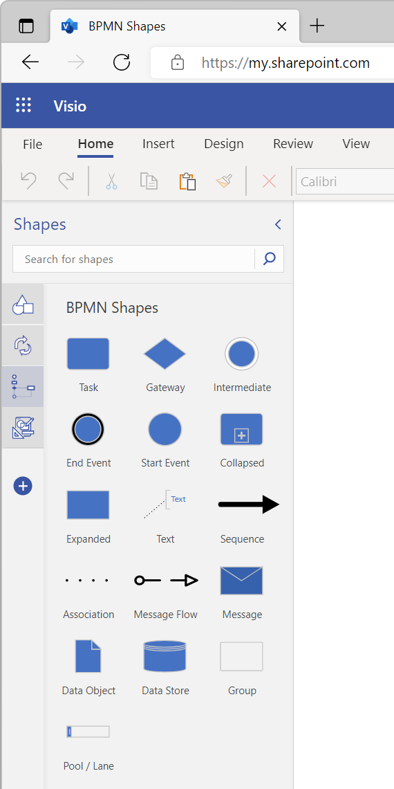 Shapes pane with BPMN shapes showing