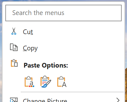 Shortcut menu showing a command search box