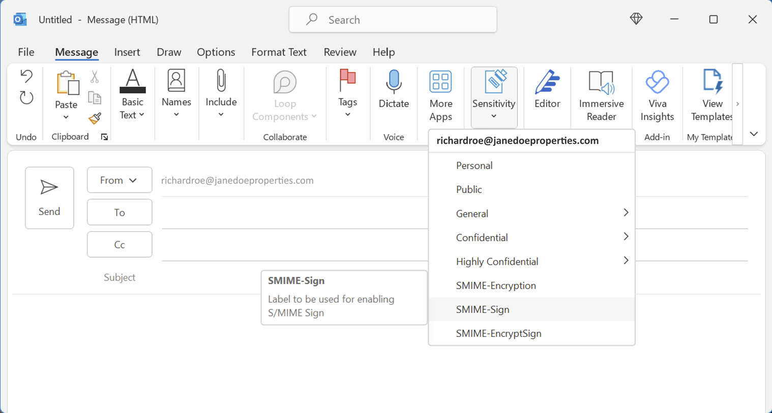 Dropdown menu of new sensitivity labels visible in Outlook