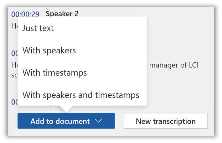 Add to document button in the Transcribe pane