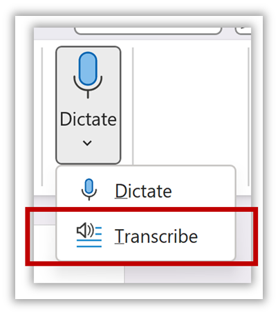 Dictate menu with Transcribe command highlighted
