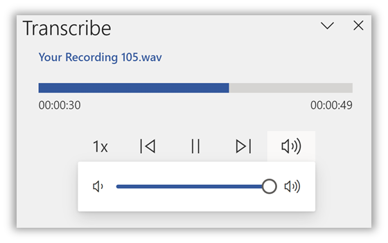 Volume and playback settings in the Transcribe pane