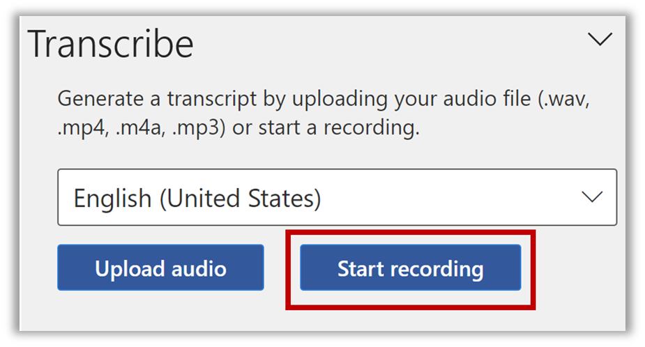 Transcribe pane with Start recording button highlighted