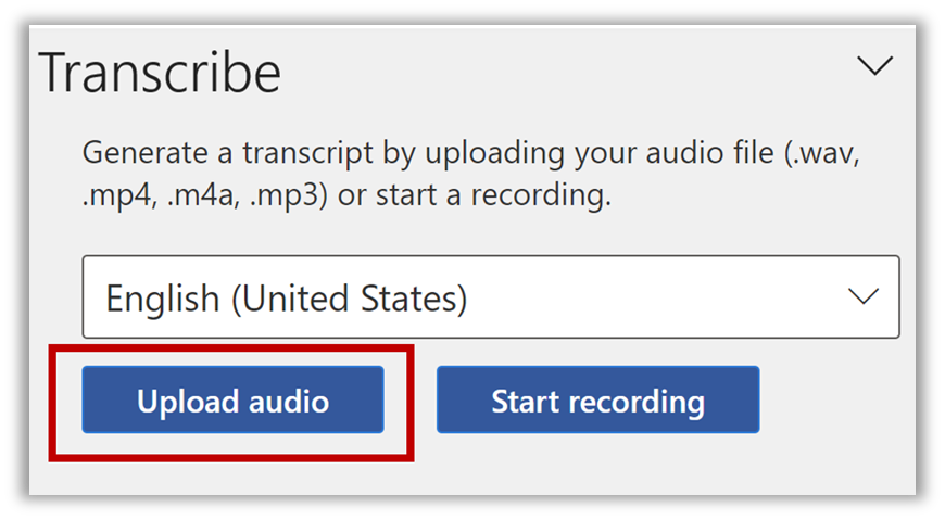 Transcribe pane with the Upload audio button highlighted