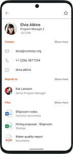 The contact card for the person with their contact, manager, and files shown.