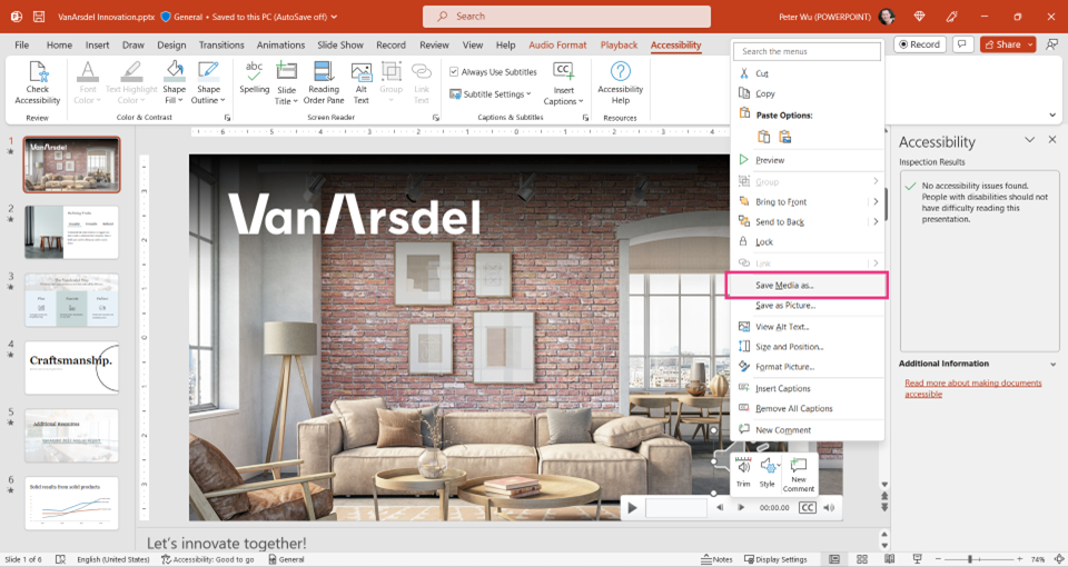 PowerPoint for Windows screenshot highlighting the Save Media as item on the context menu for a media object.