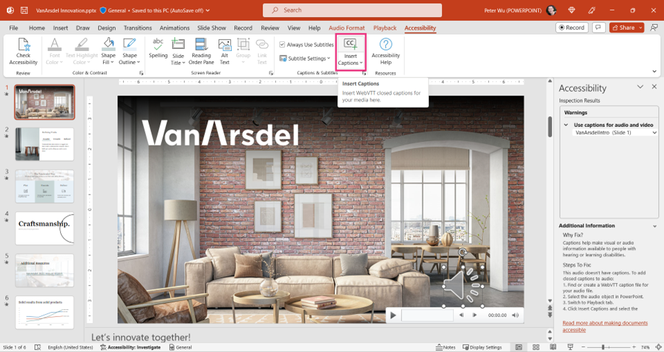 PowerPoint for Windows screenshot highlighting the Insert Captions option on the Accessibility ribbon.