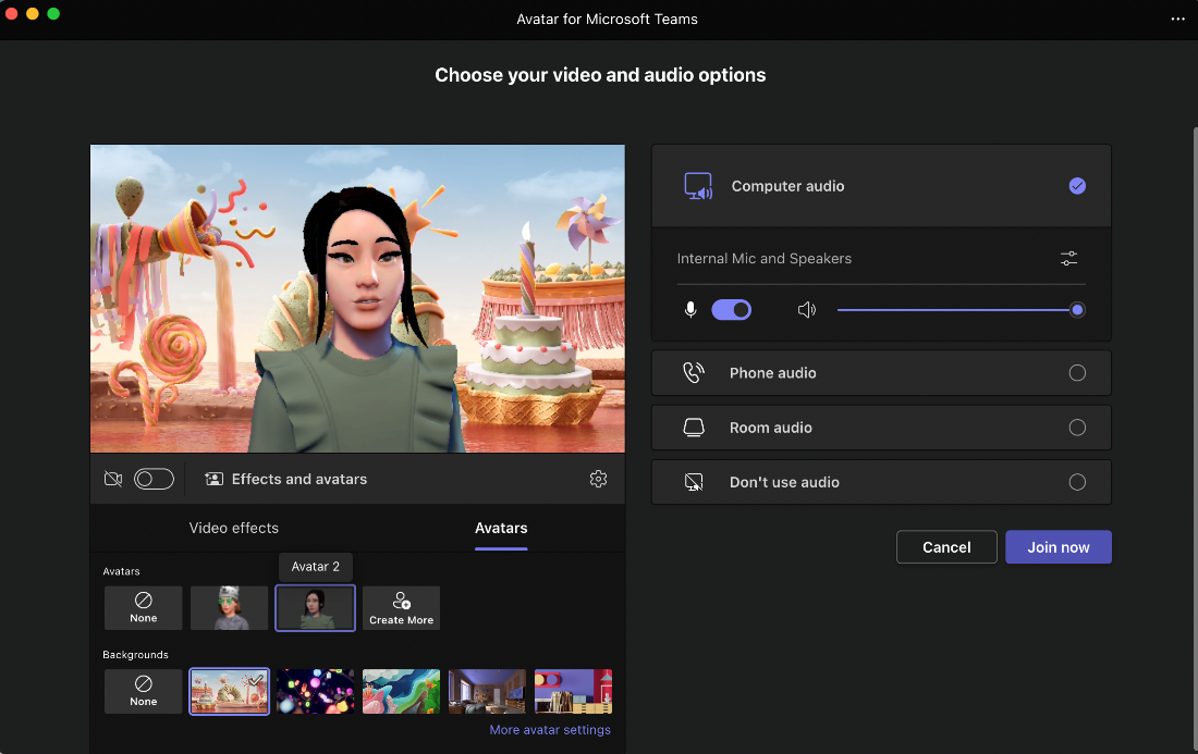 Avatar selected in the Choose your video and audio settings page