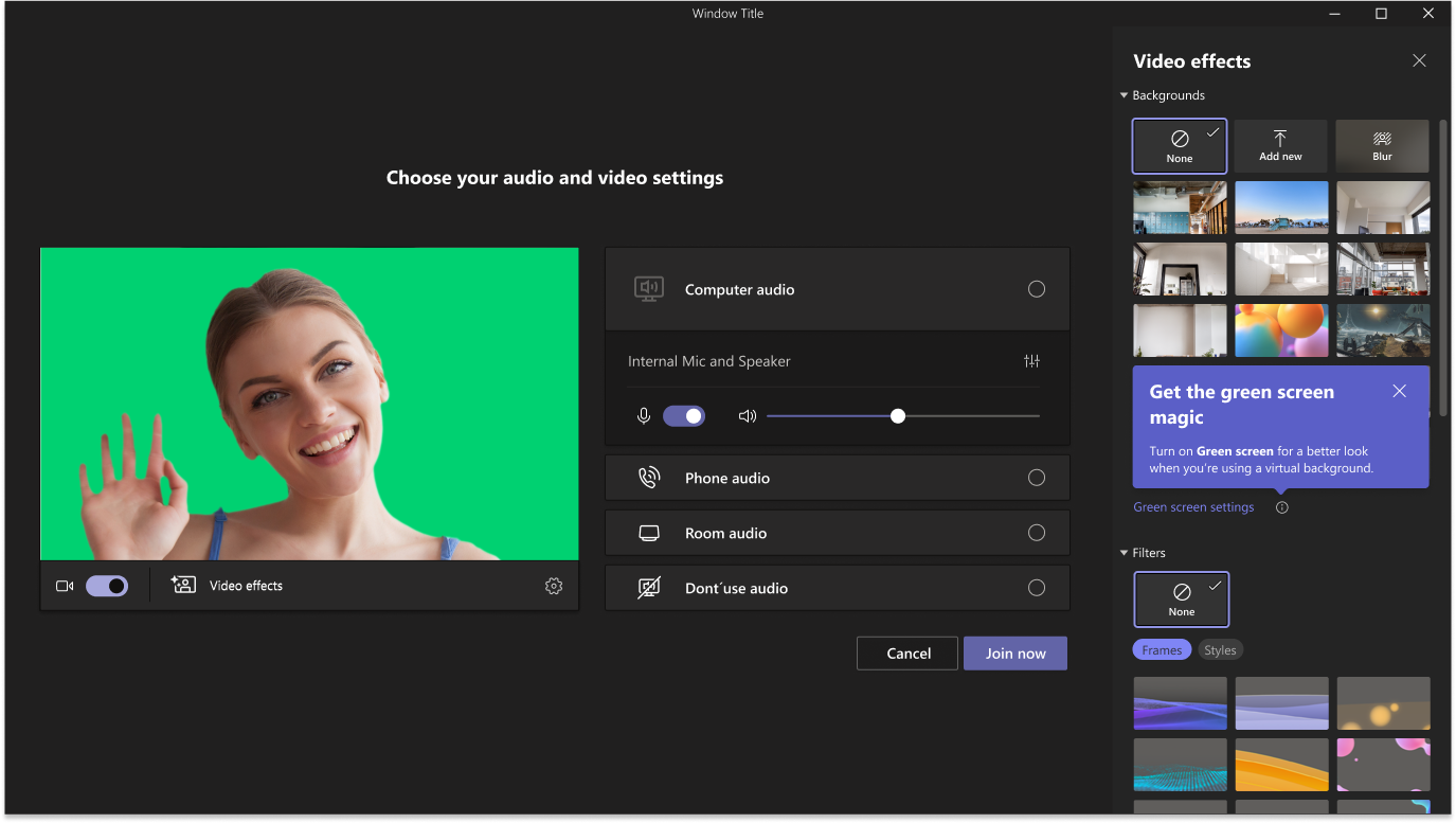 Video Settings page showing a green screen background