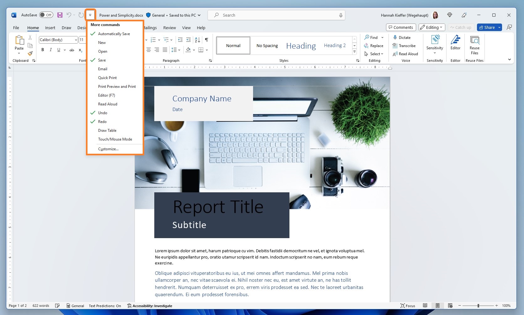 Customizing the Quick Access Toolbar in Word on Windows 11
