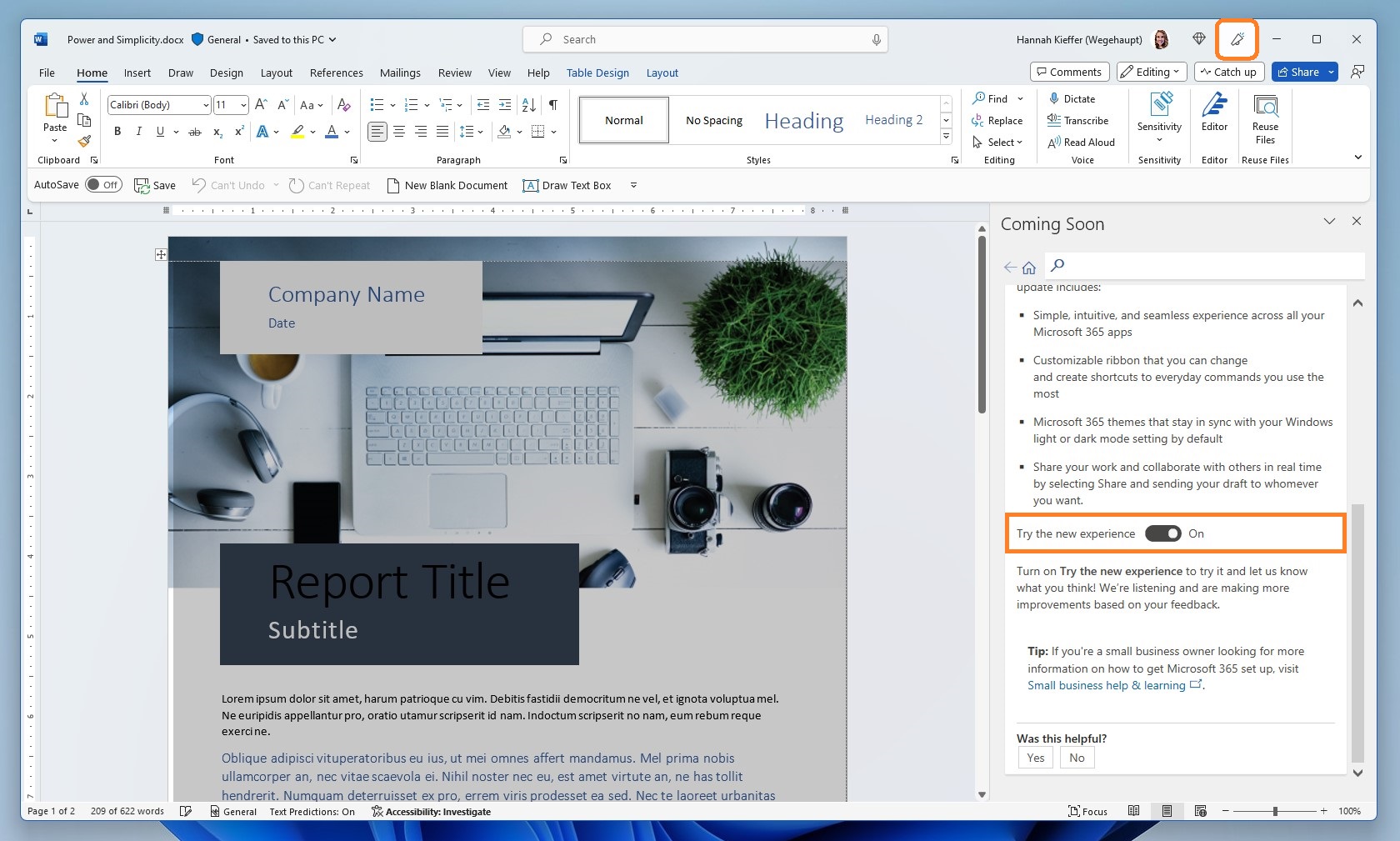 Turning on the Visual Refresh in Word on Windows 11