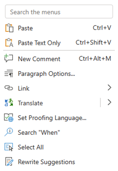 Shortcut menu with Paragraph Options command showing