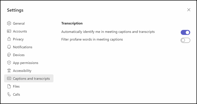 Transcription settings in Teams