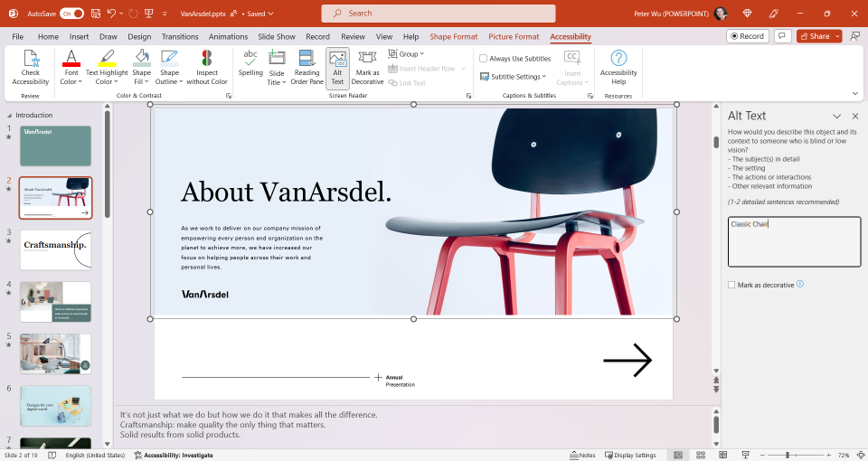 PowerPoint with the Alt Text Pane open and the Accessibility ribbon showing.