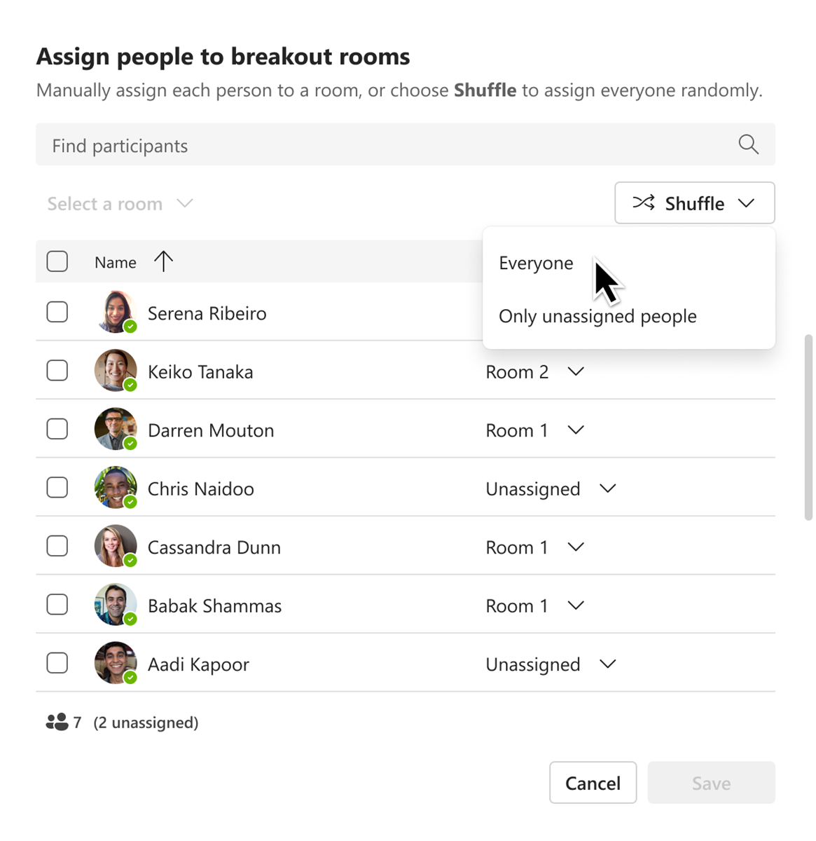 Assign people to breakout rooms window, showing the Shuffle menu