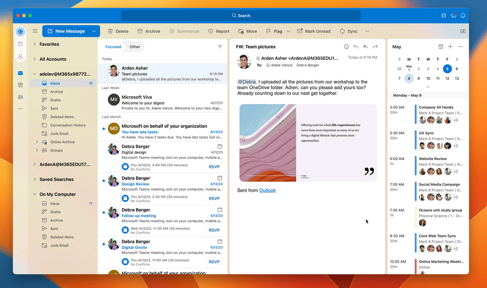 Animation about applying a Pride theme to Outlook for Mac