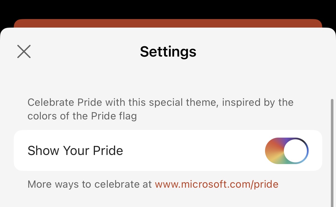Settings dialog box with Show Your Pride toggle