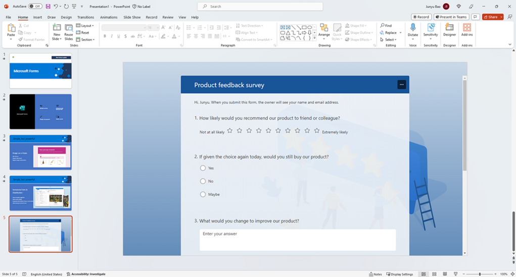 PowerPoint for Windows app window showing survey for which responses will be collected offilne