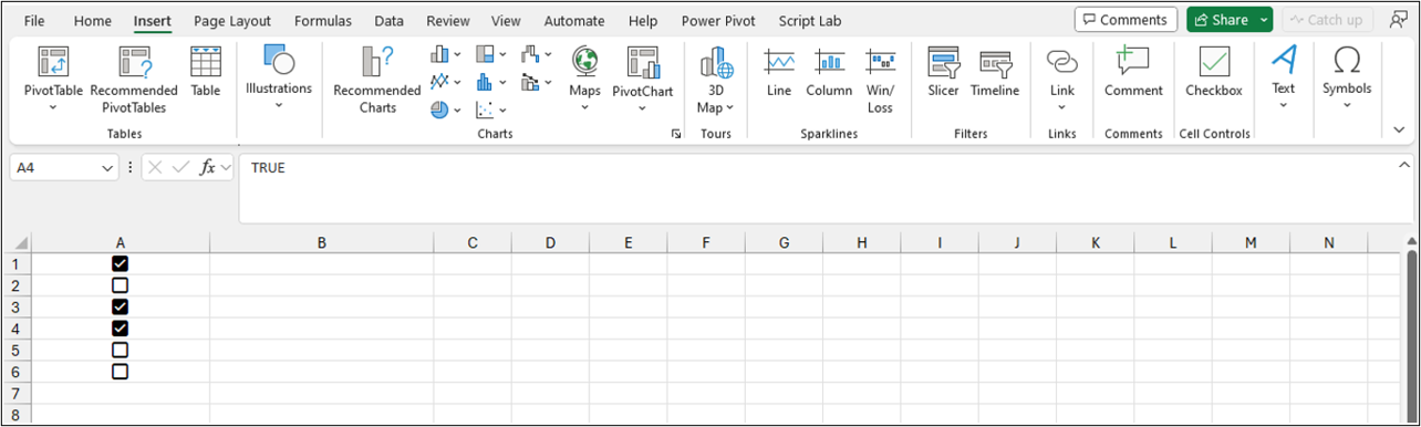 Excel worksheet showing the Checkboxes button on the Insert tab