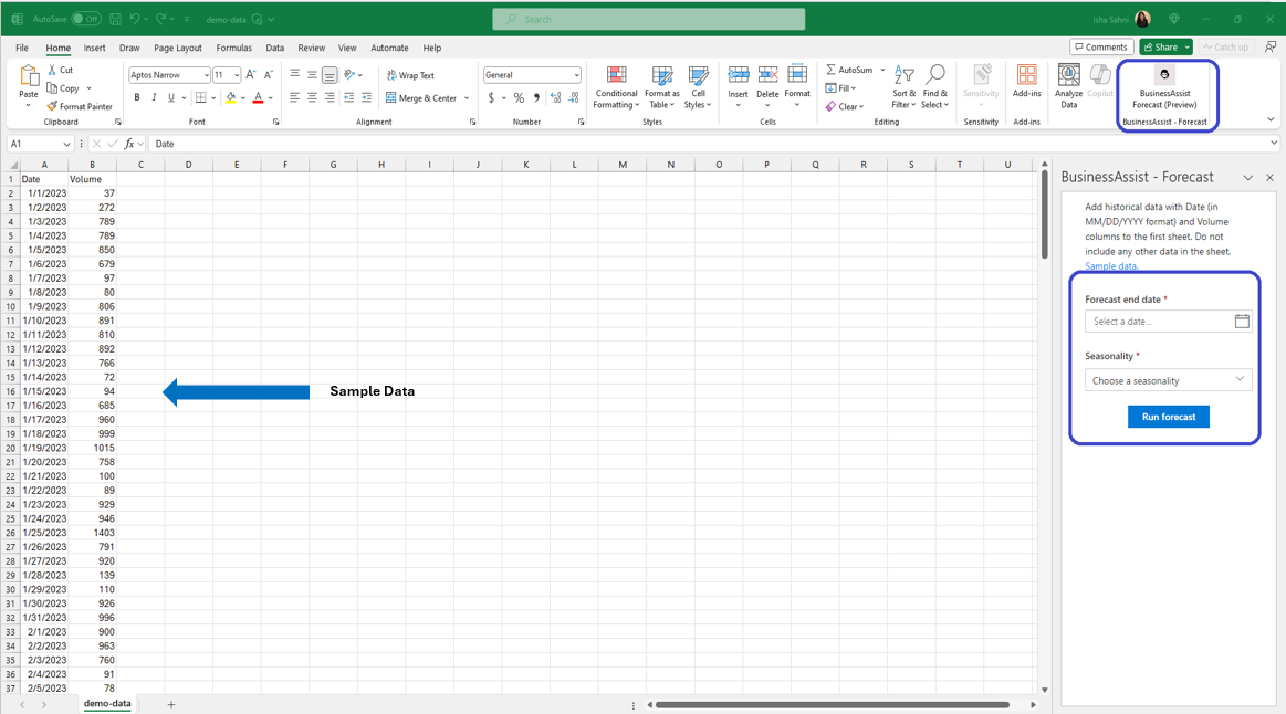 Sample data in Excel