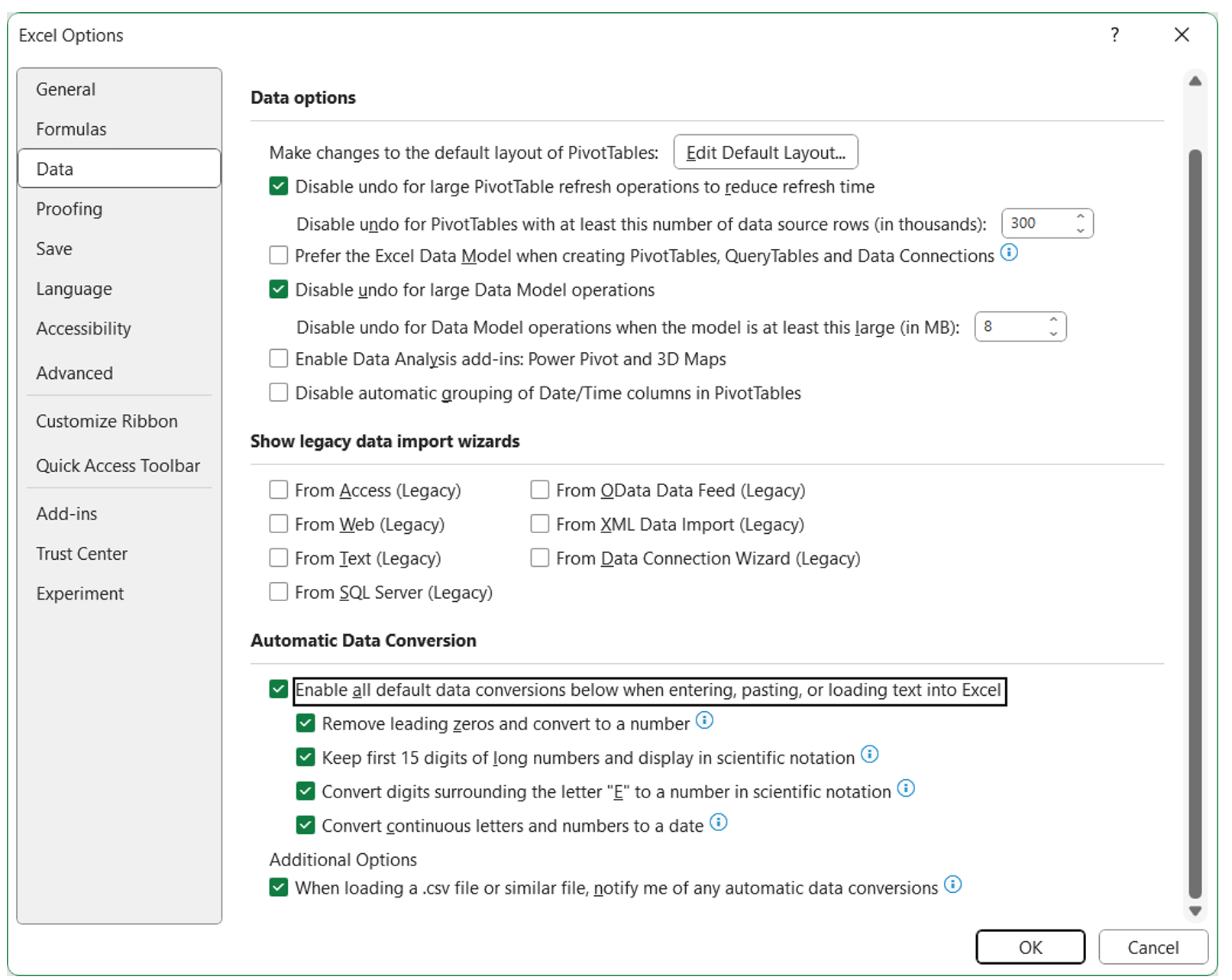Excel Options dialog box with Automatic Data Conversion section selected