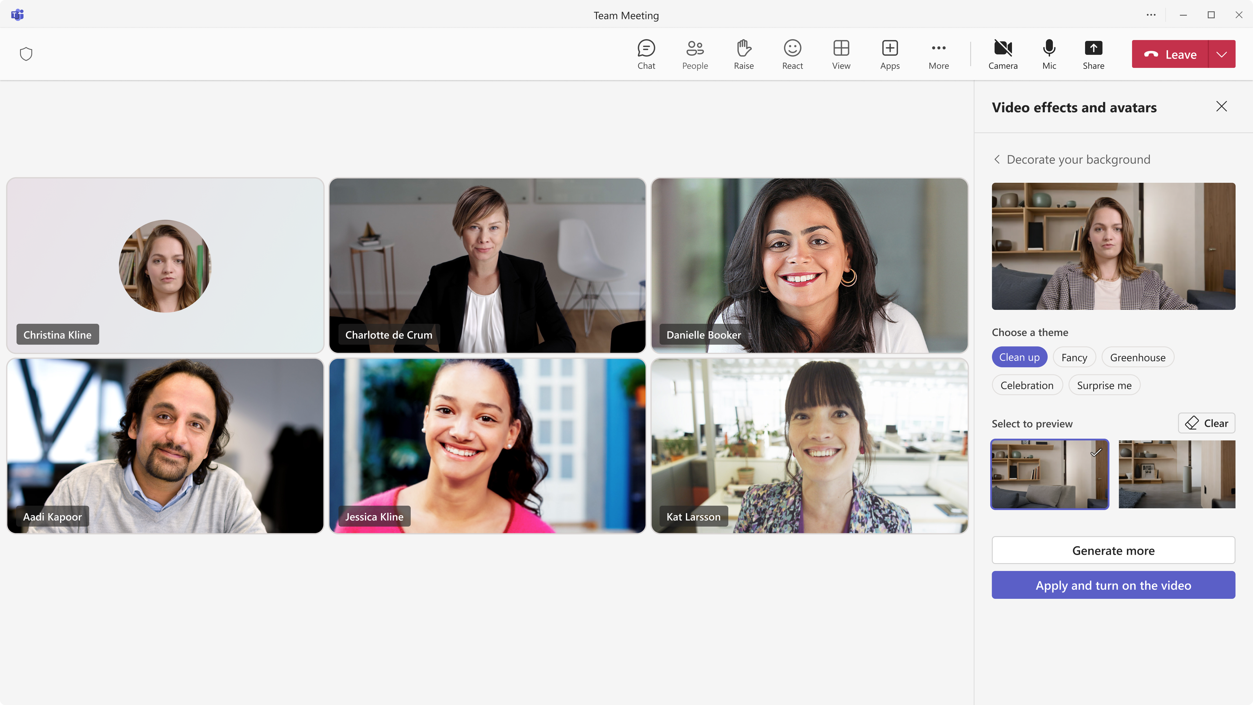 Video effects and avatar pane during a meeting
