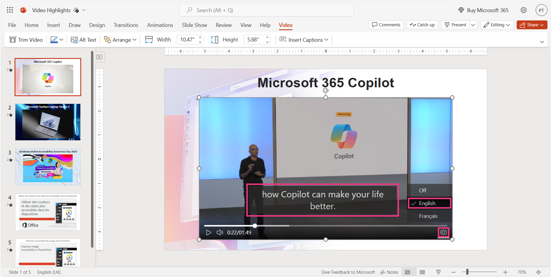 Captions appear on the screen while playing the video in PowerPoint for the web.