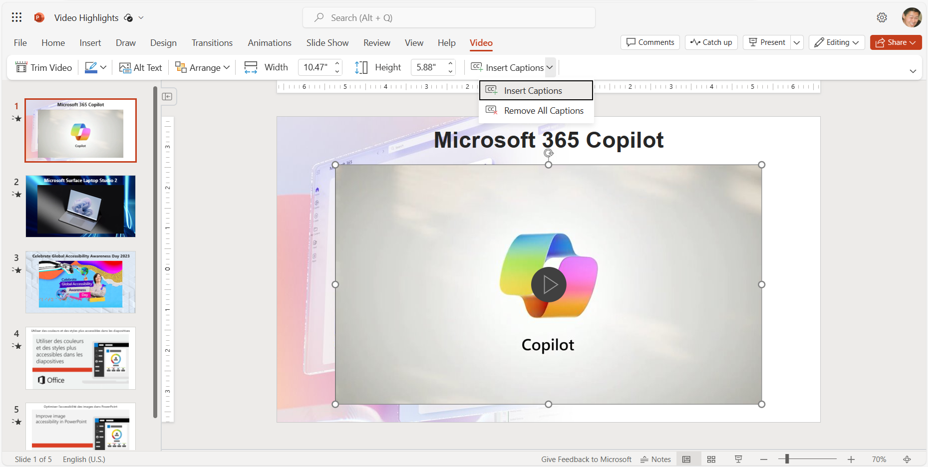 The Insert Captions command on the Video ribbon tab in PowerPoint for the web.