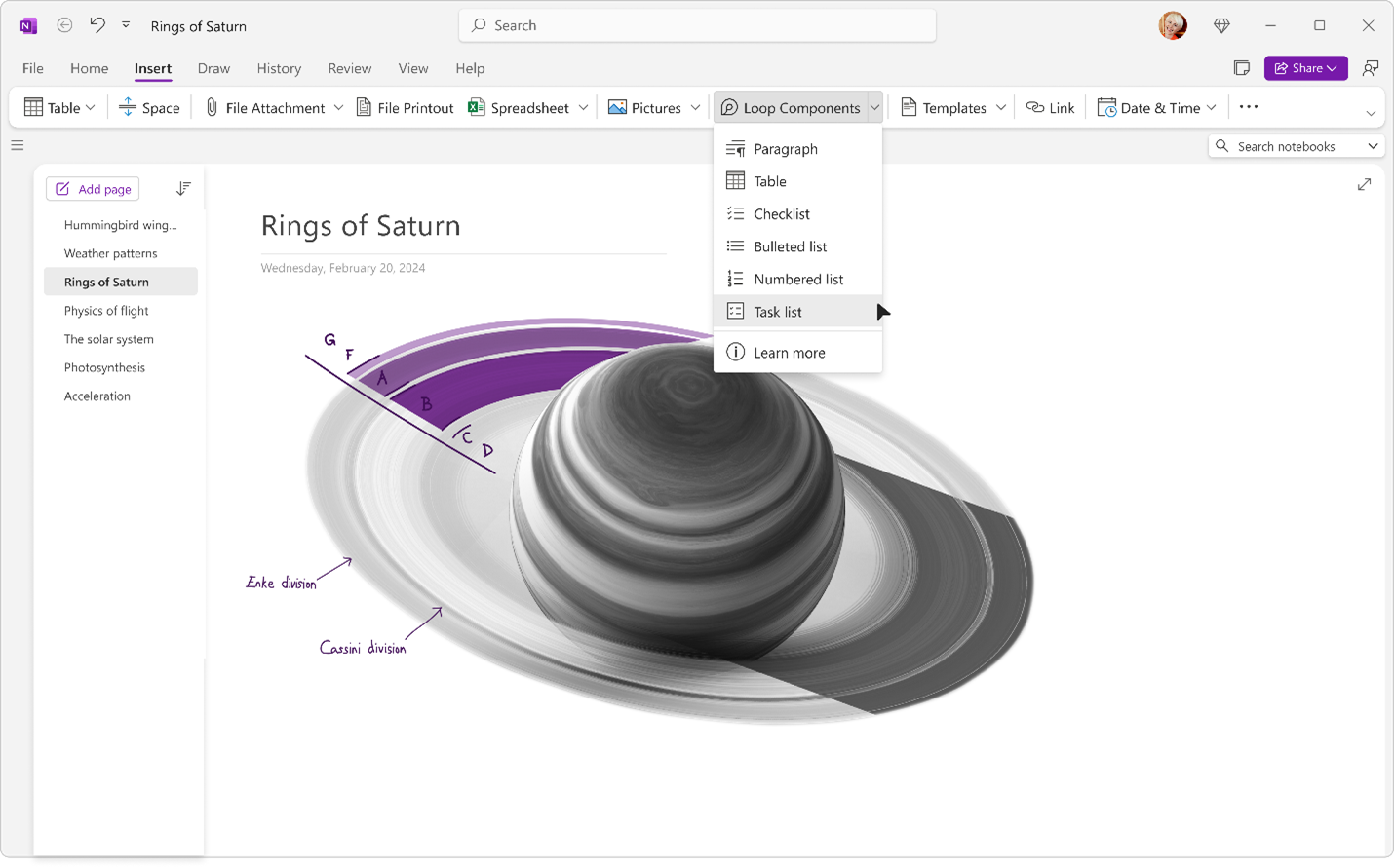 Creating a new Loop component within OneNote
