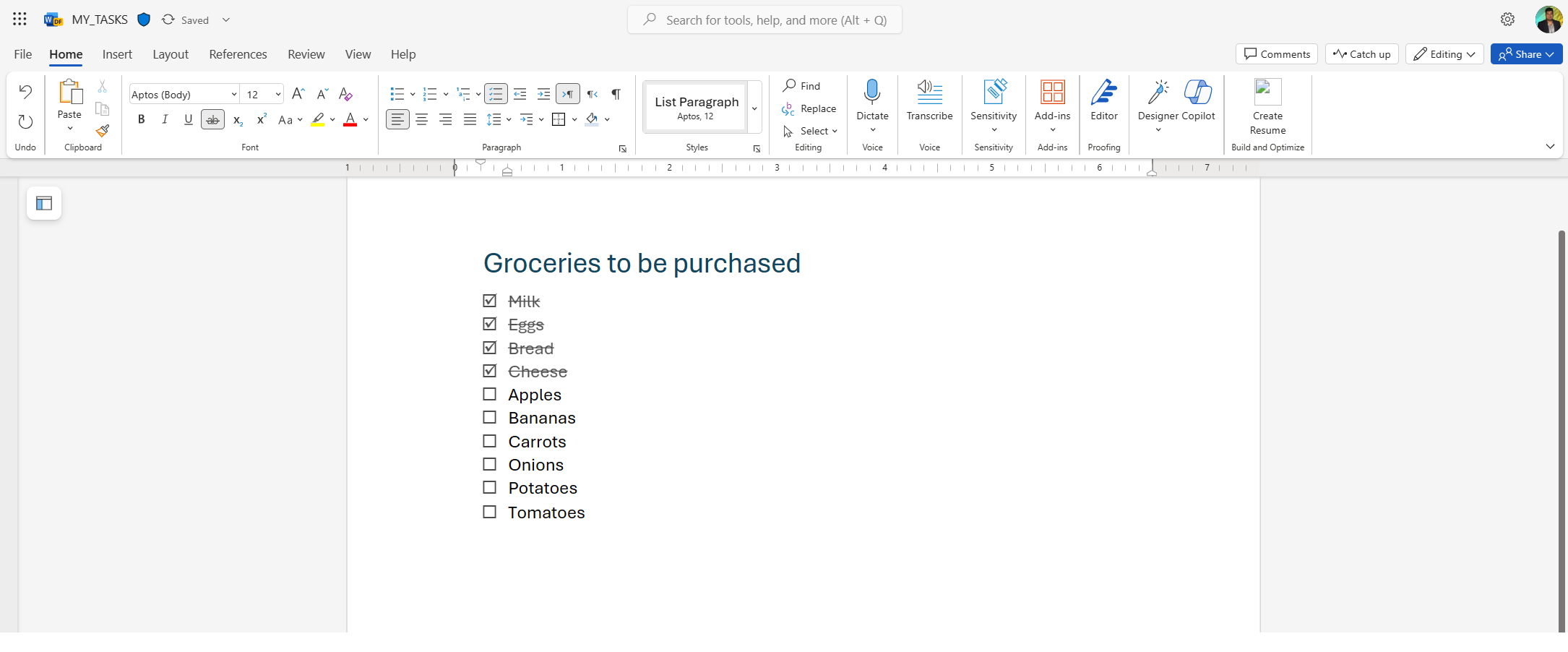 Grocery list in a Word for the Web document