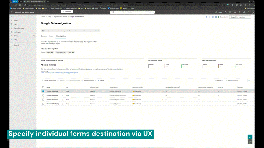 Animation of specifying individual forms destination via UX