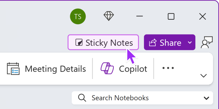 Sticky Notes button in OneNote on Windows
