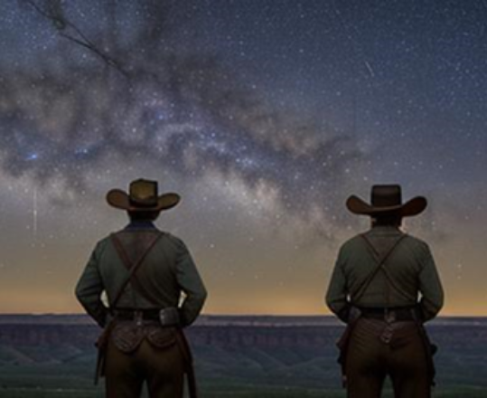 Cowboys staring out over a starlit landscape.