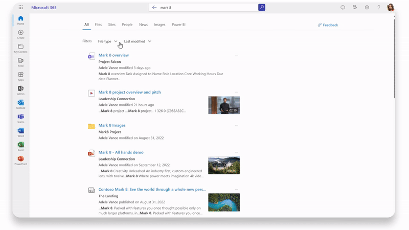 Animation of searching for video content in Microsoft Stream