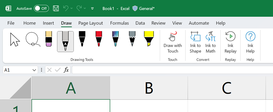 Selecting the Ink to Text Pen in Excel for Windows.