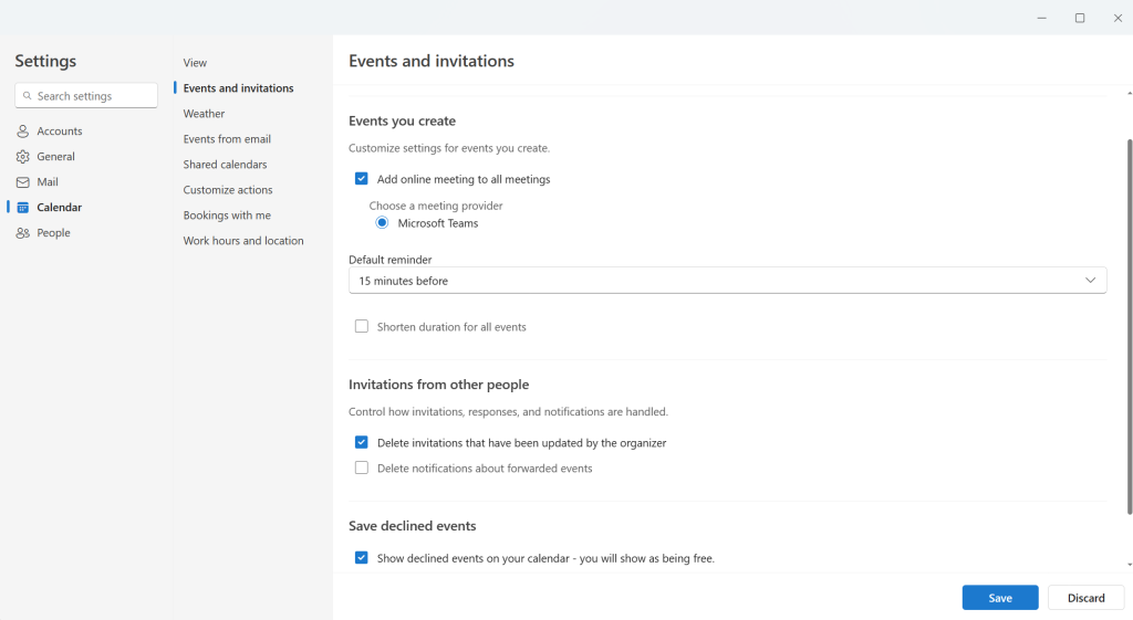 Where to find the option to save declined events within the new Outlook calendar settings.