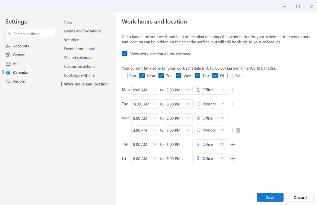 Selecting workdays, hours, and locations in the new Outlook for Windows.