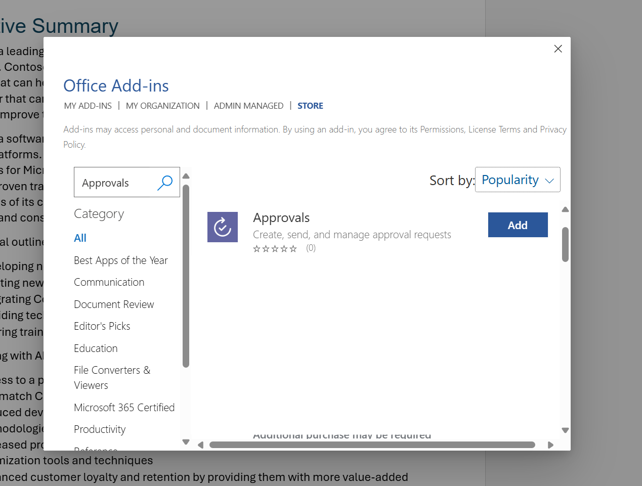 Office Add-ins dialog box showing the Approvals add-in
