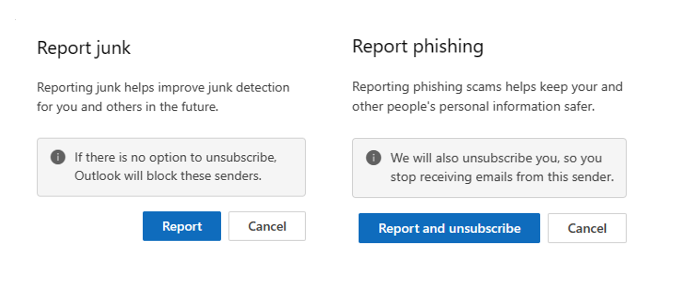 Report junk and Report phishing alerts