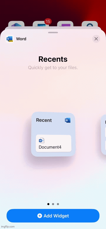 GIF showing how to select the size of the Recent Files widget for Microsoft 365 apps on your iOS device.